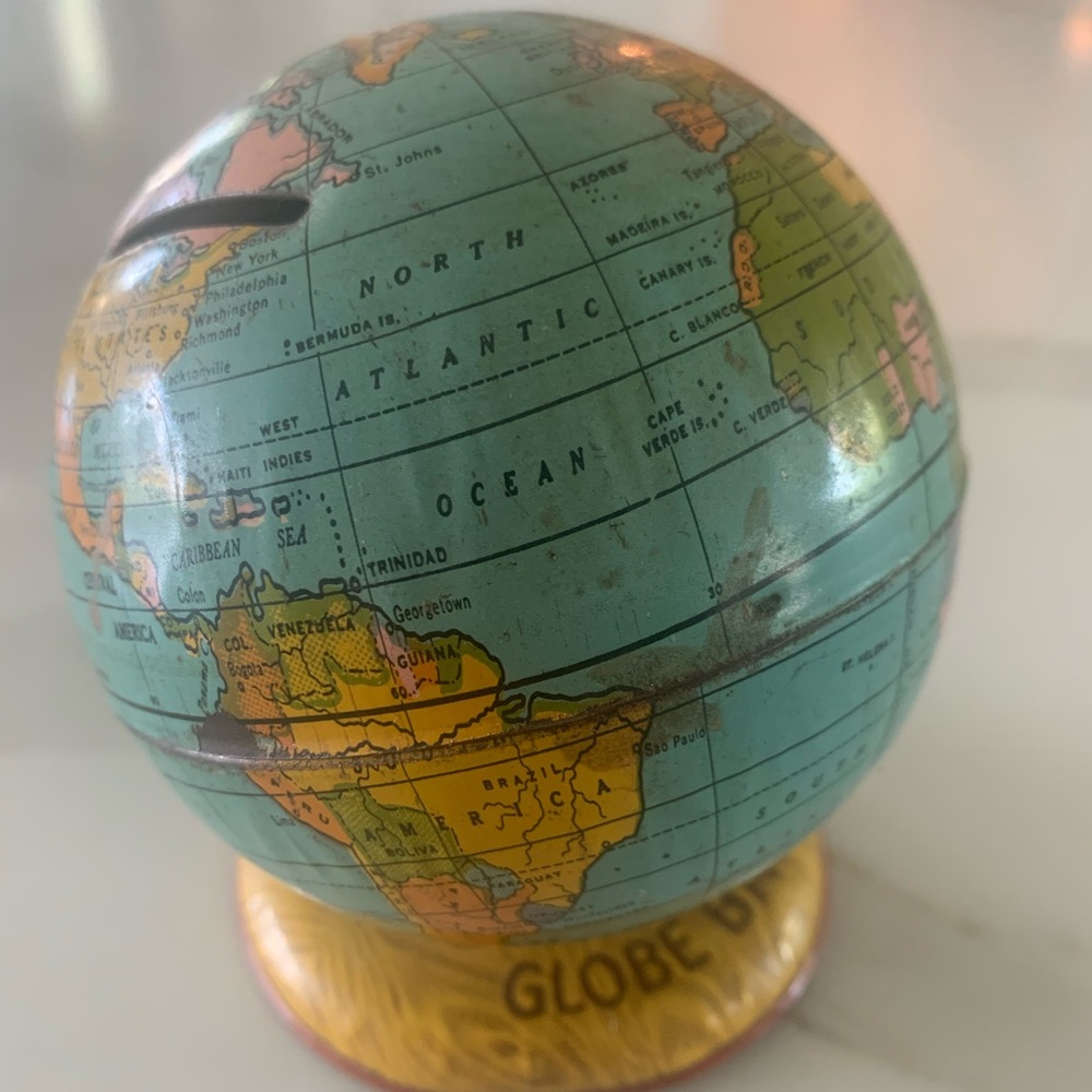 Vintage Ohio Art World Globe Tin Coin Bank. 1950’s.